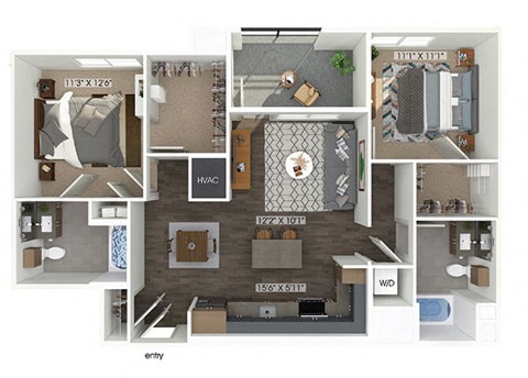 Floor plan for 2 beds, 2 baths, 1069 sqft